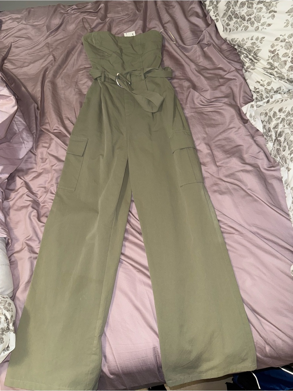 Papermoon Olive Strapless Wide-Leg Cargo Jumpsuit with Belt
